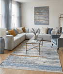 9x12 Fine Hand Knotted Ivory and Blue Modern Abstract Style Wool and Silk Area Rug