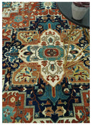 9x12 Fine Hand Knotted Rust, Ivory and Teal Traditional Heriz wool area rug