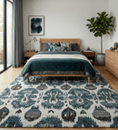9x12 Hand Knotted Ivory, Teal and Brown Contemporary Style Recycled Silk Area Rug