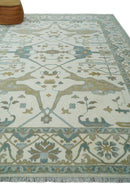 9x12 Hand Knotted Oriental Oushak Ivory, Teal and Beige Wool Area Rug