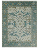 9x12 Hand Knotted Oriental Oushak Ivory, Teal and Beige Wool Area Rug