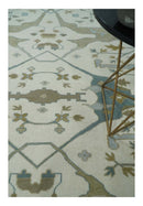 9x12 Hand Knotted Oriental Oushak Ivory, Teal and Beige Wool Area Rug