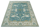 9x12 Hand Knotted Oriental Oushak Teal, Ivory and Beige Wool Area Rug