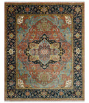 9x12 Hand Knotted Rust, Aqua and Blue Traditional Heriz Vintage Style Wool Rug