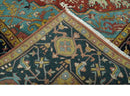 9x12 Hand Knotted Rust, Aqua and Blue Traditional Heriz Vintage Style Wool Rug