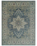 9x12 Medallion Hand Knotted Ivory, Teal and Olive Traditional Wool Area Rug