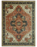 9x12 Rust, Ivory and Blue fine Hand Knotted Traditional Heriz wool area rug