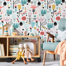 Scandinavian Wallpaper with Folk Art Flowers in Teal, Coral, and Yellow - A038