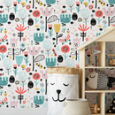 Scandinavian Wallpaper with Folk Art Flowers in Teal, Coral, and Yellow - A038
