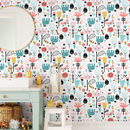 Scandinavian Wallpaper with Folk Art Flowers in Teal, Coral, and Yellow - A038