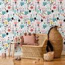 Scandinavian Wallpaper with Folk Art Flowers in Teal, Coral, and Yellow - A038