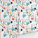 Scandinavian Wallpaper with Folk Art Flowers in Teal, Coral, and Yellow - A038