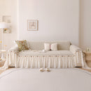 Boho Couch Cover with Knitted Stripes, Chiffon Skirt & Pom Fringe, Pet-Friendly Throw