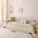 Boho Couch Cover with Knitted Stripes, Chiffon Skirt & Pom Fringe, Pet-Friendly Throw
