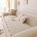 Boho Couch Cover with Knitted Stripes, Chiffon Skirt & Pom Fringe, Pet-Friendly Throw