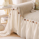 Boho Couch Cover with Knitted Stripes, Chiffon Skirt & Pom Fringe, Pet-Friendly Throw