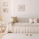 Boho Couch Cover with Knitted Stripes, Chiffon Skirt & Pom Fringe, Pet-Friendly Throw