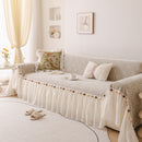 Boho Couch Cover with Knitted Stripes, Chiffon Skirt & Pom Fringe, Pet-Friendly Throw