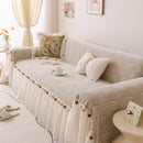 Boho Couch Cover with Knitted Stripes, Chiffon Skirt & Pom Fringe, Pet-Friendly Throw