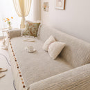 Boho Couch Cover with Knitted Stripes, Chiffon Skirt & Pom Fringe, Pet-Friendly Throw