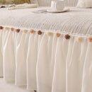 Boho Couch Cover with Knitted Stripes, Chiffon Skirt & Pom Fringe, Pet-Friendly Throw