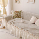 Boho Couch Cover with Knitted Stripes, Chiffon Skirt & Pom Fringe, Pet-Friendly Throw