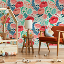 Floral Wallpaper with Poppies  in Red, Pink, and Blue - A187