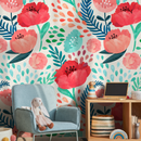 Floral Wallpaper with Poppies  in Red, Pink, and Blue - A187