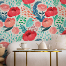 Floral Wallpaper with Poppies  in Red, Pink, and Blue - A187