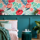 Floral Wallpaper with Poppies  in Red, Pink, and Blue - A187
