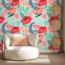 Floral Wallpaper with Poppies  in Red, Pink, and Blue - A187