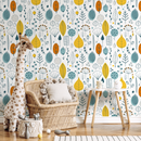 Botanical Wallpaper with a Woodland Motif in Teal, Yellow, and Orange - A398