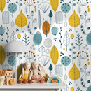 Botanical Wallpaper with a Woodland Motif in Teal, Yellow, and Orange - A398