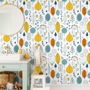 Botanical Wallpaper with a Woodland Motif in Teal, Yellow, and Orange - A398