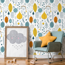 Botanical Wallpaper with a Woodland Motif in Teal, Yellow, and Orange - A398
