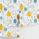 Botanical Wallpaper with a Woodland Motif in Teal, Yellow, and Orange - A398
