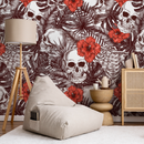 Gothic Wallpaper with Skulls and Hibiscus Flowers in Brown and Red - A445