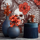 Gothic Wallpaper with Skulls and Hibiscus Flowers in Brown and Red - A445