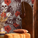 Gothic Wallpaper with Skulls and Hibiscus Flowers in Brown and Red - A445
