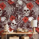 Gothic Wallpaper with Skulls and Hibiscus Flowers in Brown and Red - A445