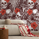 Gothic Wallpaper with Skulls and Hibiscus Flowers in Brown and Red - A445