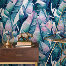 Botanical Wallpaper Featuring Painted Banana Leaves in Teal, Blue, and Pink - A467