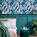 Botanical Wallpaper Featuring Painted Banana Leaves in Teal, Blue, and Pink - A467