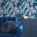 Botanical Wallpaper Featuring Painted Banana Leaves in Teal, Blue, and Pink - A467