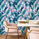 Botanical Wallpaper Featuring Painted Banana Leaves in Teal, Blue, and Pink - A467