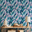 Botanical Wallpaper Featuring Painted Banana Leaves in Teal, Blue, and Pink - A467