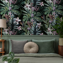 Botanical Wallpaper Featuring Jungle Flowers and Leaves in Green and Purple - A499