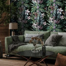 Botanical Wallpaper Featuring Jungle Flowers and Leaves in Green and Purple - A499