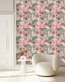 Beige Palm Leaves Wallpaper with Flamingos