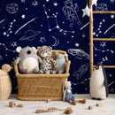 Space Wallpaper with Hand-Drawn Astronauts in Navy Blue and White - A582